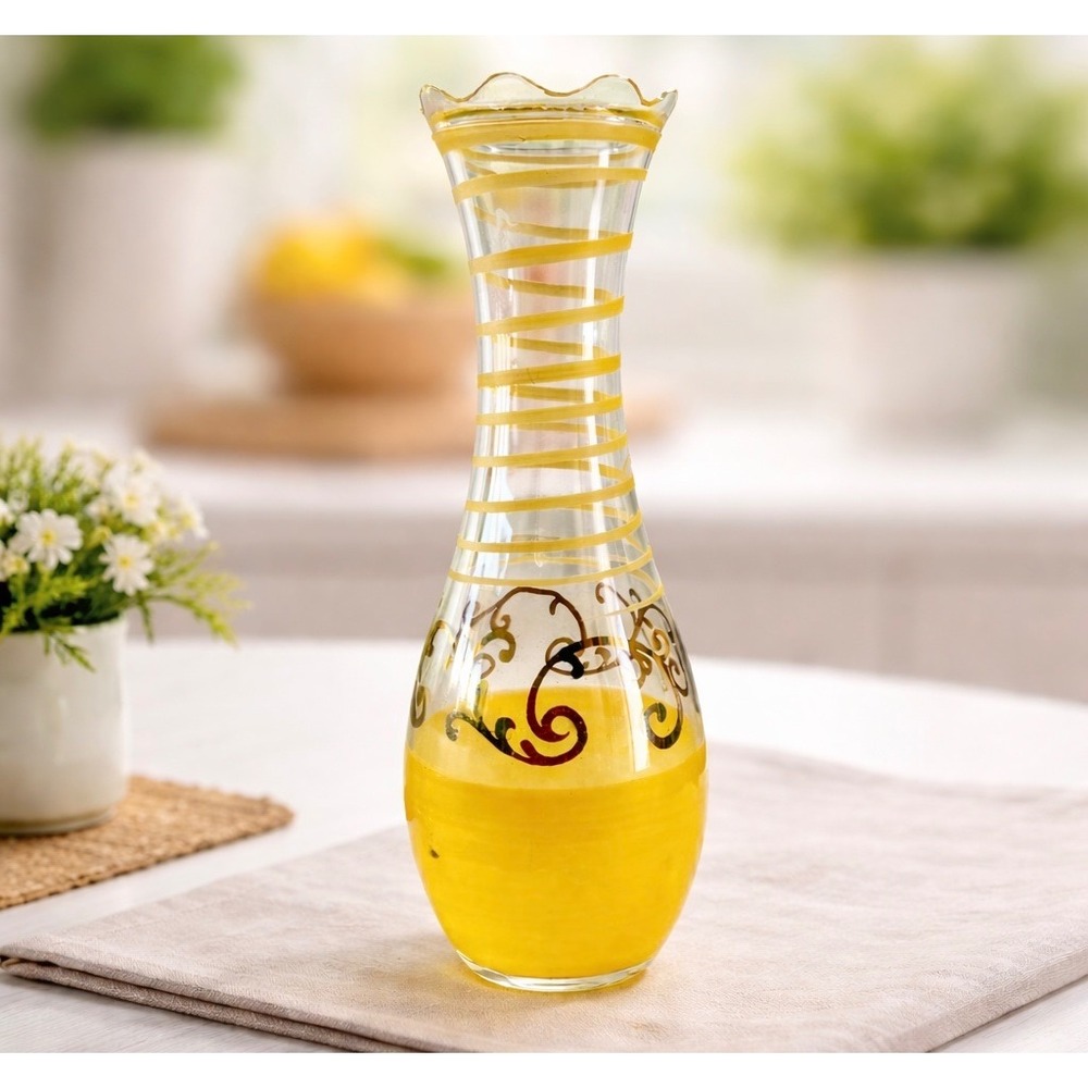Vintage Style Yellow Hand Painted Glass Bud Vase Ruffled Rim Gold Filigree 9"